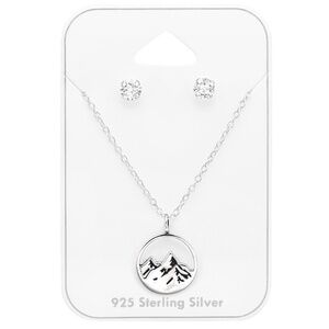 Sterling Silver Clear Cz Stud With Dainty Mountain Pendant Necklace